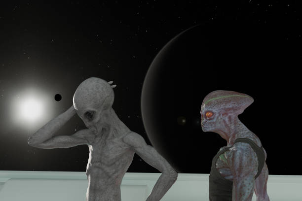 istock Illustration of two different aliens talking inside a spaceship with a dark planet sun and moon in outer space in the background. 1294019318