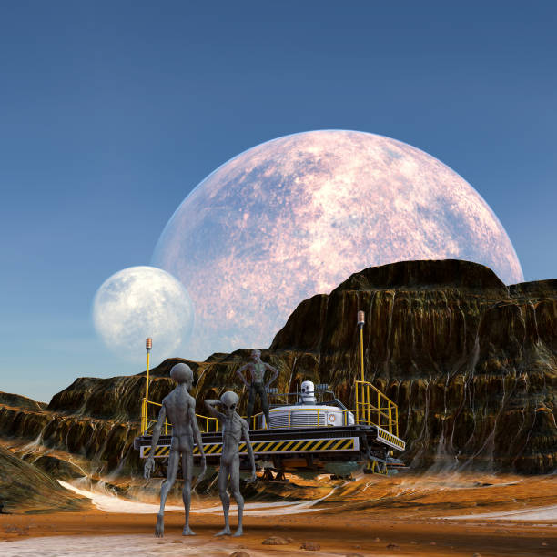 istock Illustration of three extraterrestrials with one talking from a mining platform on an alien world with moons rising above mountains. 1294019343