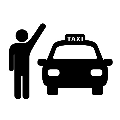 Hailing person with raised hand catching a cab vector icon on white background