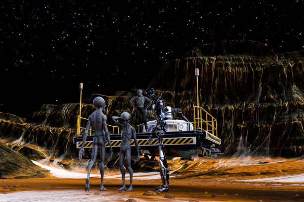 istock Illustration of an extraterrestrial standing on a mining platform talking to two gray aliens and a large robot. 1294019349