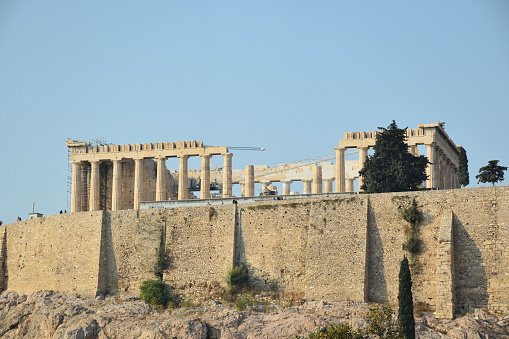 View of the main monuments and sites of Athens (Greece). Archaeological Museum of the Acropolis. Views of the Parthenon from the museum.