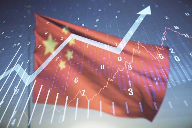 istock Multi exposure of virtual abstract financial chart and upward arrow interface on Chinese flag and blue sky background, rise and breakthrough concept 1294021847