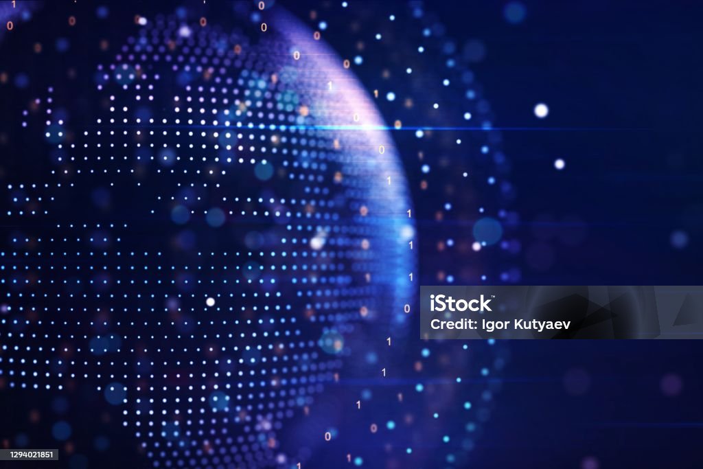 Abstrakte grafische Weltkarten-Illustration auf blauem Hintergrund, Big Data und Netzwerkkonzept. 3D-Rendering - Lizenzfrei Technologie Stock-Foto