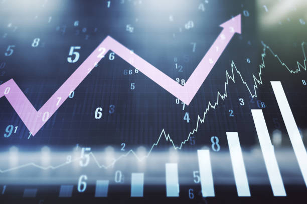 istock Abstract virtual financial graph hologram and upward arrow on blurry modern office building background, forex and investment concept. Multiexposure 1294021927