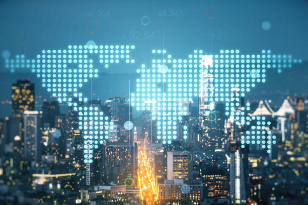 istock Abstract creative world map interface on San Francisco skyline background, international trading concept. Multiexposure 1294021980