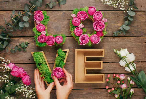 female hands making volume letters love with stabilized moss and pink roses - single word love wood typescript imagens e fotografias de stock