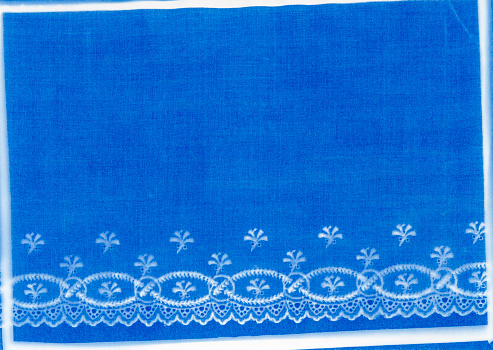 Cyanotype print of machine made eyelet lace border edging in a floral pattern.