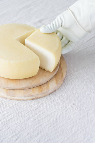 istock Male hand in rubber glove taking piece of caciotta cheese. Light rustic background. Selective focus. 1294023408
