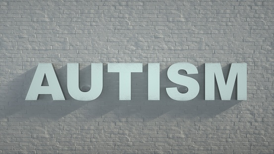 AUTISM -Realistic Metal Sign on White Brick Wall background - 3D illustration.
