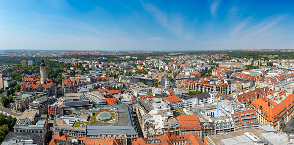 Panoramic view of Leipzig under blue cloudy sky