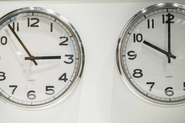istock Round metal clocks on white wall 1294029173