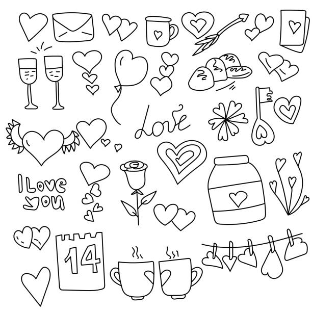istock Set of doodles for Valentine's day, soap and simple attributes in outline style, coloring page 1294032061