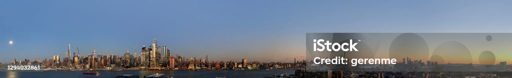 Panoramic view of Manhattan Panoramic view of Manhattan from uptown to downtown and Jersey City during dusk New York City Stock Photo