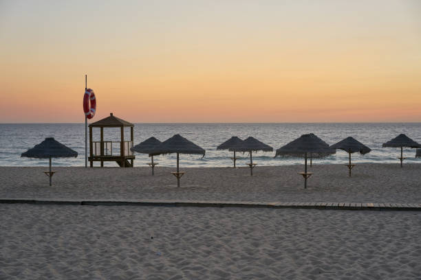 istock Empty beach at sunset in Comporta, Portugal with straw summer umbrellas 1294036393