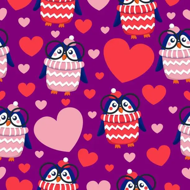 Vector illustration of St Valentine's Day. Seamless pattern with hearts and blue baby penguins in pink, red, white hats and sweaters. Child in glasses. Purpe background. Wallpaper, textile, scrapbooking and wrapping paper