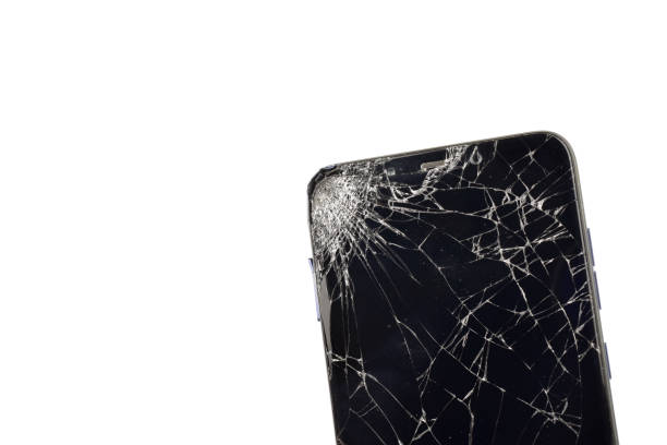 istock Cracked screen phone on white background, shattered glass 1294042159