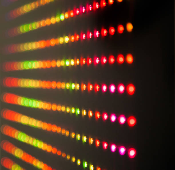 istock Colourful RGB LED lights on black background. LED Matrix with WS2812B strips. Playing animations and effects on digital LED display. Rainbow colours. 1294042358