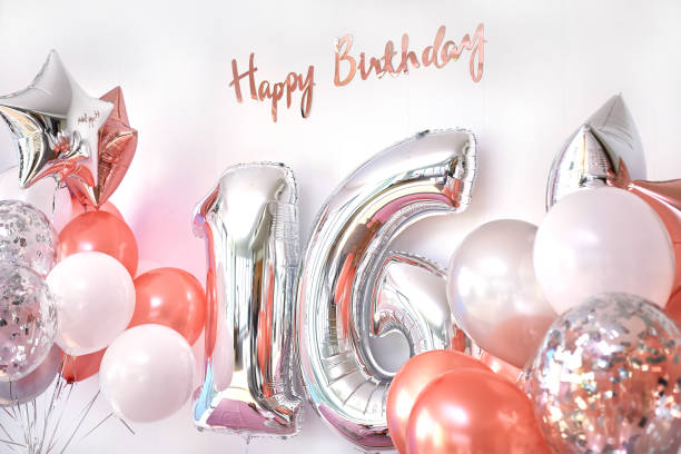 Balloons and number 16 of birthday balloons. Greeting card for teenage girls Balloons and number 16 of birthday balloons. Greeting card for teenage girls. helium balloon stock pictures, royalty-free photos & images