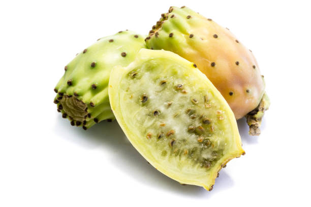 흰색 배경에 고립 된 가시 배 - prickly pear fruit cactus prickly pear cactus yellow 뉴스 사진 이미지