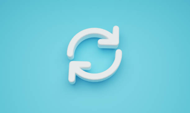 Refresh Minimal refresh icon on blue background. 3d rendering. replay stock pictures, royalty-free photos & images