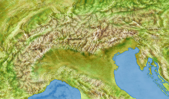 Italian Alpine Arch and Northern Italy, satellite view. Aerial view of the north of the peninsula. Mountains, lakes and plains. Hand drawing. Physical map. 3d render