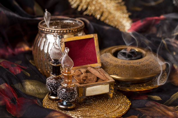 istock Agarwood incense chips and essential oil 1294045340
