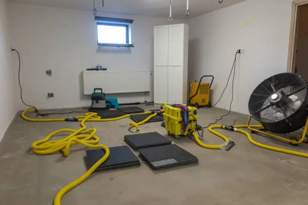Drying a concrete floor under a fabric covering. After pouring, initial drying, and then drilling and blowing hot air into the heating zone and drying the outgoing air.