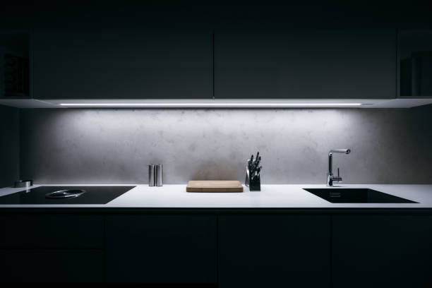 с�овременная кухня в минималистском дизайне - вечерняя пища стоковые фото и изображения