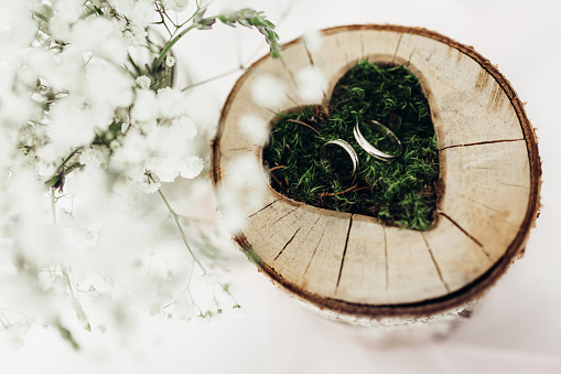 Detail of wedding decoration in form of carved heart shape into wooden trunk. Decoration is filled with moss with inserted wedding rings. Picture with very shallow depth of field, focused on rings.