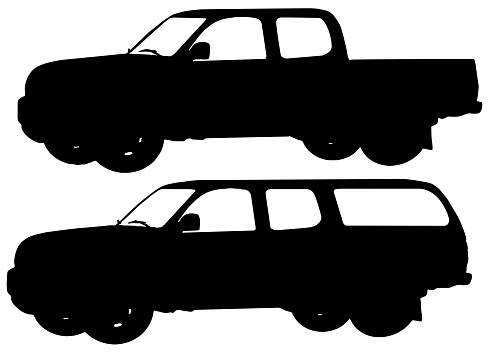 vector graphic, silhouettes in black on white background of two pick up trucks