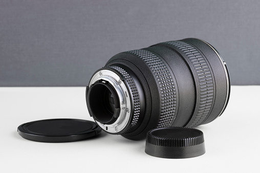 Close up of a camera lens on a desk.