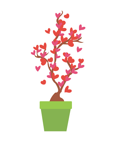 love tree with pink and red hearts on a white background. vector isolated. flat. holiday is Valentine's Day. congratulatory decor. gift card. Image of a tree crown with hearts in a pot for home flowers. Cupid symbol