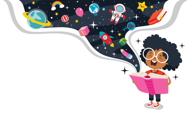 ilustraciones, imágenes clip art, dibujos animados e iconos de stock de happy kid estudiando y aprendiendo - learning education child block
