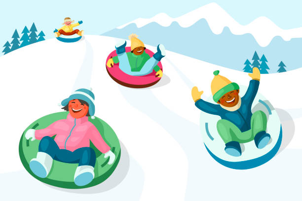 ilustraciones, imágenes clip art, dibujos animados e iconos de stock de niños alegres se deslizan por la colina del tubo de nieve - deslizarse en trineo
