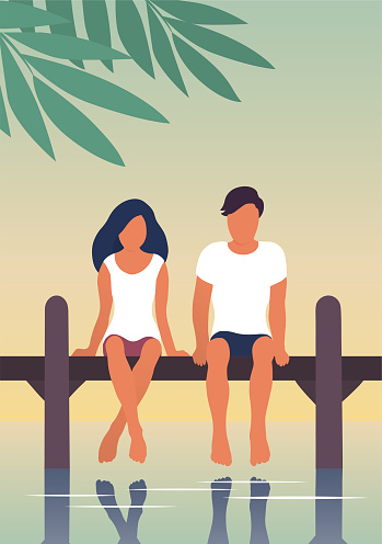 A young couple is resting by the river. A man and a girl are sitting on a pier above the water. Calm rest. Vector flat illustration poster.