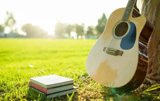 Close-up, guitar and books under a tree, park at sunset with sunlight background