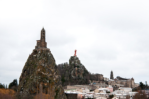 Town of Le Puy-en-Velay, Auvergne, France, during winter, with a little snow.