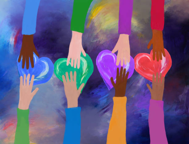 ilustrações de stock, clip art, desenhos animados e ícones de hands giving and receiving colorful hearts. concept of love and care. - voluntariado