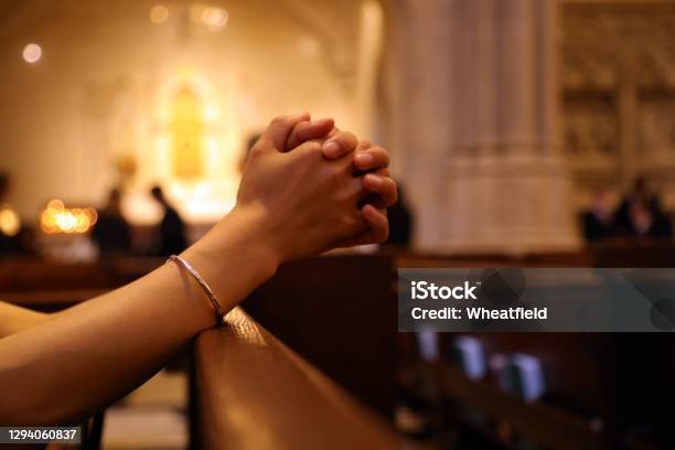 Closeup Of Womans Hands Praying On Church Bench Coronavirus Copy Space Stock Photo - Download Image Now
