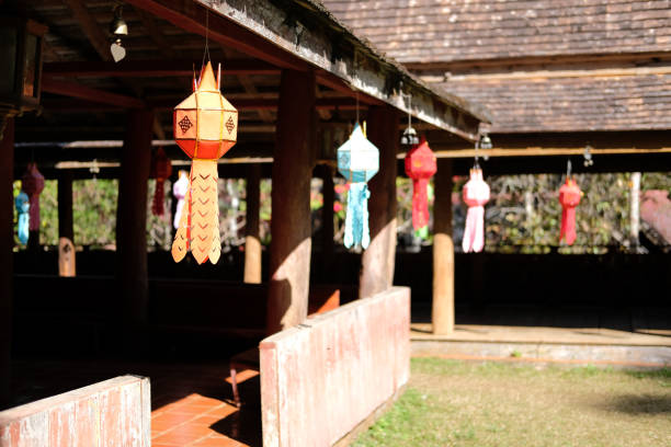 colorful festive paper lamp lantern decorating in asian temple. festival decoration