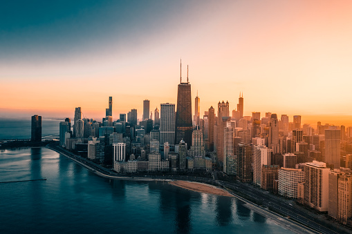 Aerial View of Chicago cityscape along Lake Shore Drive at dusk