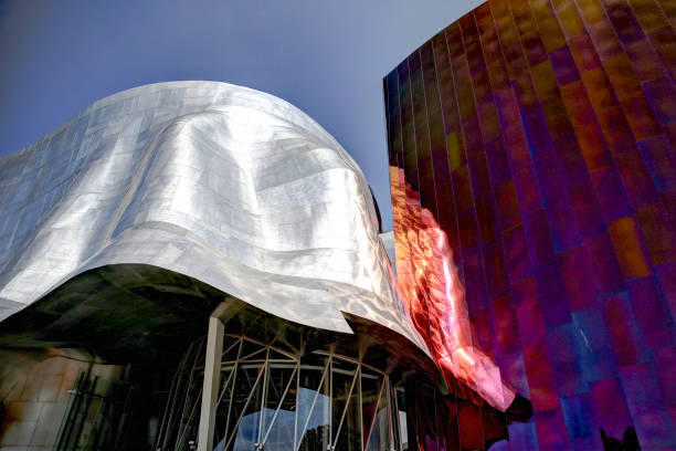 abstract diagonal image of metal plates. Part of the facade of the EMP building in Seattle