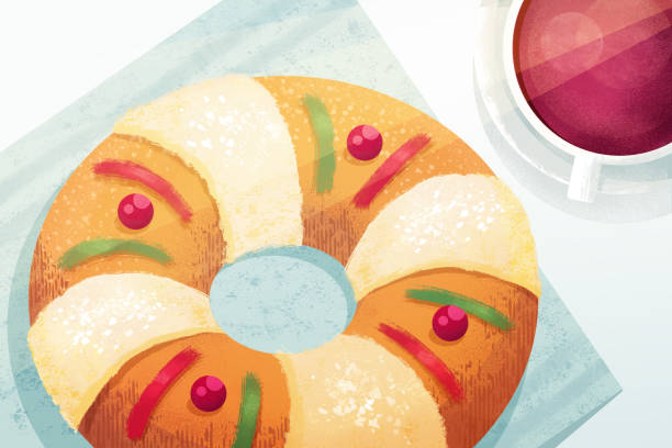 ilustrações de stock, clip art, desenhos animados e ícones de rosca de reyes, three kings bread and a cup of hot chocolate - bolo rei