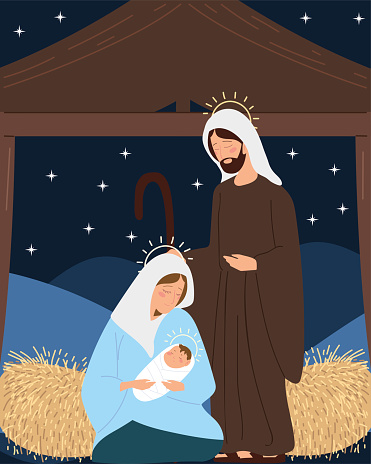 nativity with mary joseph baby in stable, night scene manger vector illustration