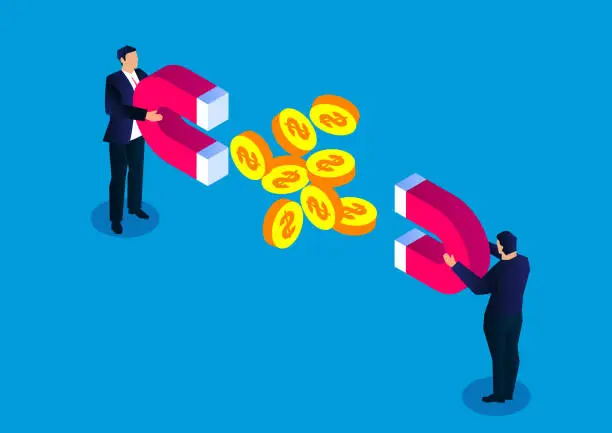 Vector illustration of Business project competition, isometric two businessmen holding magnets competing for gold coins