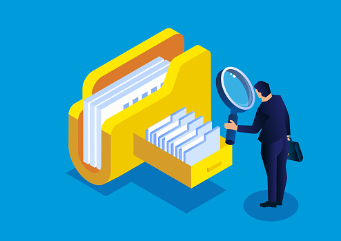 Online cloud file query and management, isometric businessman holding a magnifying glass to find files