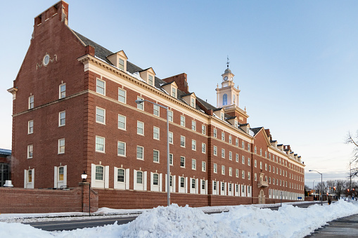 Winter view of Johnson Hall, at the Johnson & Johnson World Headquarters (J & J Corporate) campus - adjacent to Rutgers University