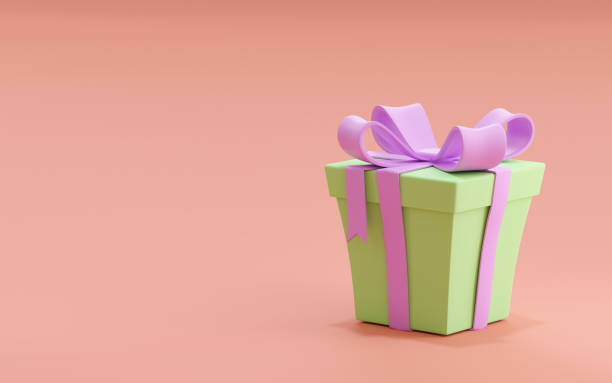 istock Green  gift box with liliac bow isolated on beige background.  Place for text. 3D render. Template for greeting card, banner, advertising 1294082444