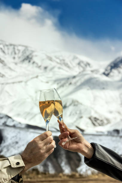 istock Toasting with sparkling wine on the snowy mountain. 1294082639