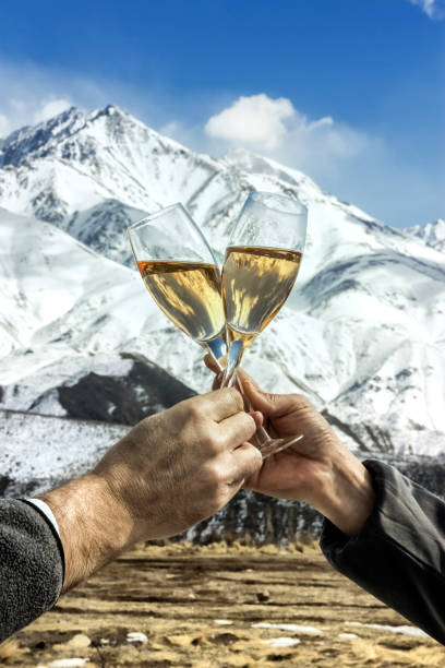 istock Toasting with sparkling wine on the snowy mountain. 1294082640